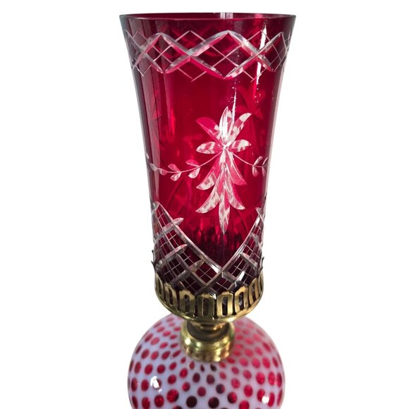 Vintage Cranberry Hobnail Glass Lamp Fenton Style Cut to Clear Shade Milk Glass - Picture 10 of 16